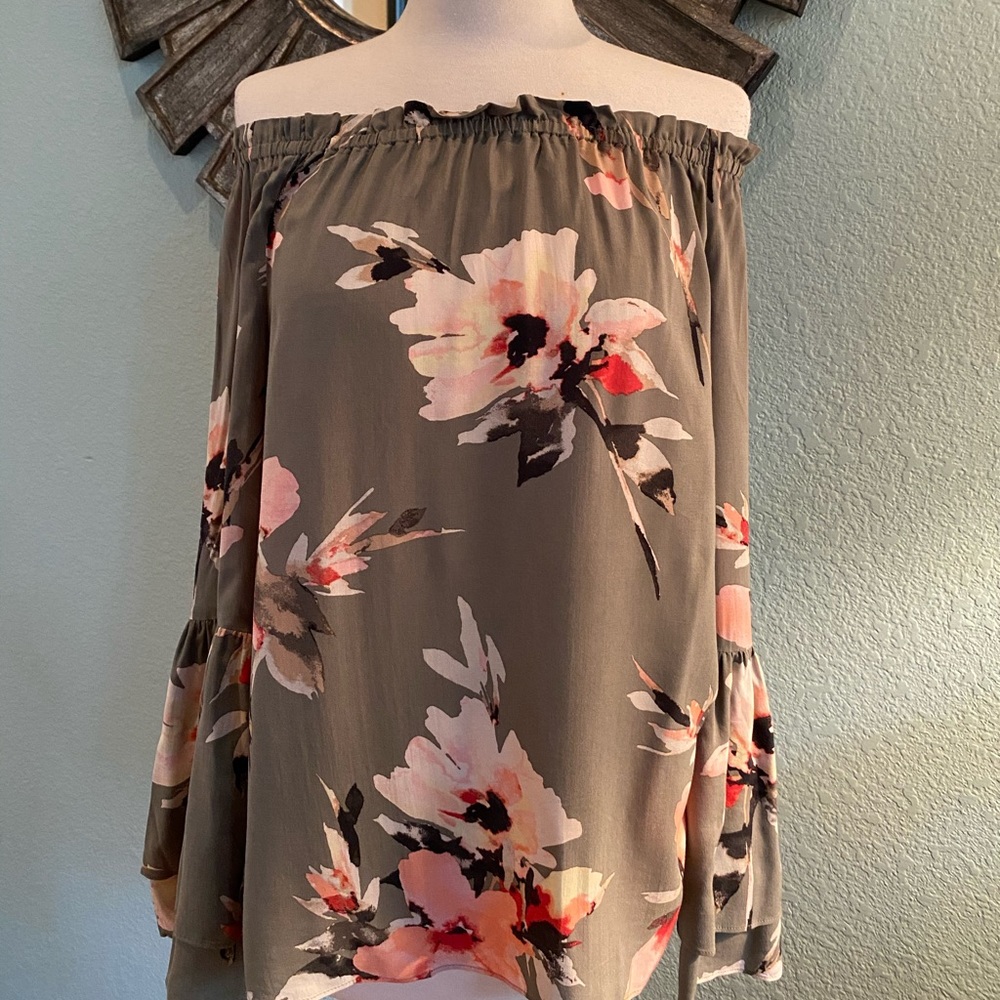White House Black Market Floral Off-Shoulder Blouse - Green and Pink